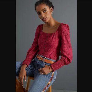 Anthropologie Romantic Puff Sleeve Blouse Size Small Dark Red Button Smocked